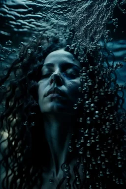 a beautiful woman, long curly black hair,closed eyes,coming from beneath the water,braking the surface with her face just coming out the water,looking up symbolism for breaking free. realistic,8k quality, action close shot from areal view,highly detailed , chaos 80