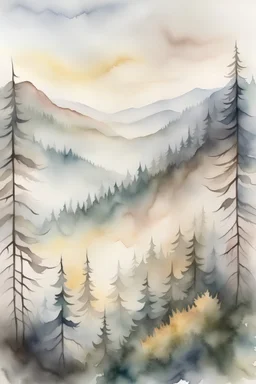 Watercolor painting of a pine forest on mountain slopes, muted colors, mist among trees, misty mountains