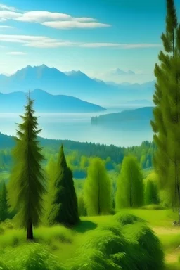 paisaje con árboles de distintos tonos de verdes, clima cálido y con montañas de seis mil metros de altura con un lago en el fondo