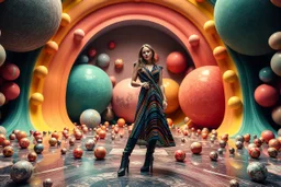 beautiful full body with long boots and midi dress lady in surreal stage made of fractal random size spheres with helical strip colors in clothing similar to environment full body posing to camera