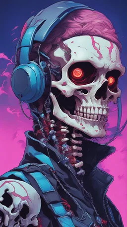 a close up of a person with a skull on their head, blue and black colors, anime skull portrait man, scary detailed art in color, hiroyuki-mitsume takahashi, nychos art aesthetic, half man half skeleton, anime cyberpunk art, colored manga art, rossdraws pastel vibrant, hot colors. insanely detailed, beautiful anime portrait, stunning anime face portrait, scary art in color
