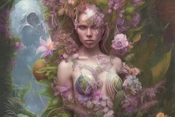 Lilith, Goddess, tropical flowers, realistic heart drawing, crystals, tropical leaves, sacred altar, Fantasy home.Enki Bilal