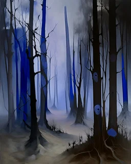 A purple foggy ominous woodland with dead trees painted by Wassily Kandinsky