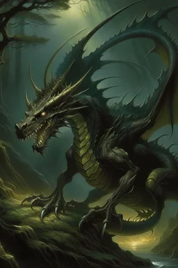 60s dark fantasy art of a dragon