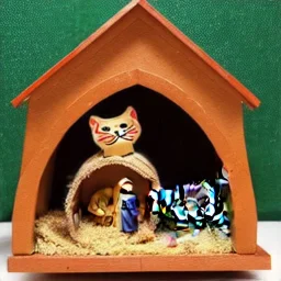 Cat in a nativity scene with a good time