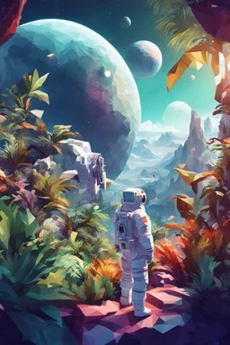 (((close midshot))), (((low poly art:2))), (astronaut), ultra-detailed illustration of an environment on a dangerous:1.2 exotic planet with plants and wild (animals:1.5), (vast open world), astronomer inspired, highest quality, no lines, no outlines candid photography.