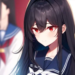 Clear focus,High resolution, black long fluffy hair, long fluffy bangs, red eyes, wearing a sailor uniform, extreme close up, evil smile