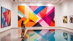 Abstract geometric art with vibrant colors displayed in a modern art gallery, showcasing sharp angles, overlapping shapes, and a dynamic composition under the bright gallery lighting. Woman and pool