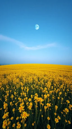 Yellow field of grass with mosaics sky and a blue moon