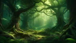 A lush, verdant fantasy forest with towering, twisted trees and glowing, ethereal foliage. The scene has an otherworldly, dreamlike quality, with a sense of mystery and enchantment.