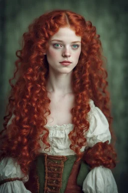 girl with green eyes, freckles, with long blood red curls, dressed in humble clothes from the 18th century