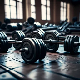 Dumbbells on the floor in a gym