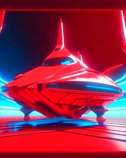 low view angle shot down from upper left front and showing the full vehicle, a RETROFUTURISTIC HOVERING CRAFT OF ALIEN ORIGIN, a beautiful look up modern is decorated with red abstract SKYLINE, all red background, , vray, raytracing
