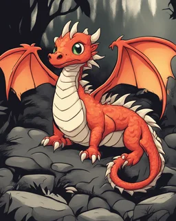 cartoon illustration: a cute little fire dragon with big shiny eyes. The dragon has big wings.