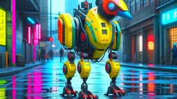 CHICKEN robot, sci-fi, cyberpunk, full body, ultra realistic, virtual reality, cyberpunk city and colors