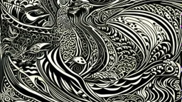 A striking linocut piece, precise lines and intricate patterns come together in a stunning display of abstract art. The monochromatic color palette of black and white highlights the intricate details of the composition, creating a visually captivating experience. The main subject of the image appears to be a fantastical creature, with sharp angles and graceful curves that seem to suggest both power and elegance. The contrast between light and shadow adds depth and dimension to the artwork, eleva