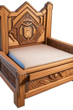 a wooden bed with a fortnite theme carved into it, no background