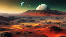 Landscape photograph on the surface of Io (moon of Jupiter), very tall mountains, volcanoes, pits, vents and lava flows, extensive smooth plains with a frosty coating in subtle shades of yellow, red, white, black, and green, Jupiter in the sky, exquisite composition, beautiful detailed intricate insanely detailed octane render, 16k artistic photography, photorealistic concept art, soft natural volumetric cinematic perfect light, chiaroscuro, award-winning photograph, masterpiece