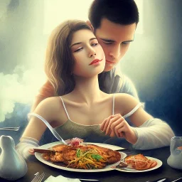 A girl eating a meal with her boyfriend who is having an erection