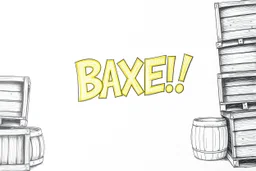 a drawing with sketch lead pencil, The word "BAXER" in yellow floating like a big sign, strong painting, strong expression, BAXER!, BAXER! the word Baxer, WOODEN CRATES AND BARRELS