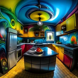 Vibrant colorful surrealism gothic kitchen remodeling oil acrylic fully equipped artistic Wide angle view