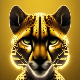 A beautiful portrait of a cyborg cheetah yellow neon color scheme, high key lighting, volumetric light high details psychedelic background