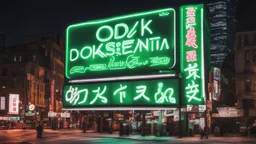 a billboard branded writing ODK Tokusentai , with neon light green and white , in the city center, at night . At Montréal