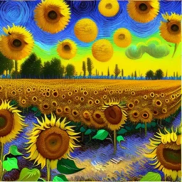 Dibujo al aceite de Campo de Girasoles con muchas nubes de colores estilo Vincent van Gogh