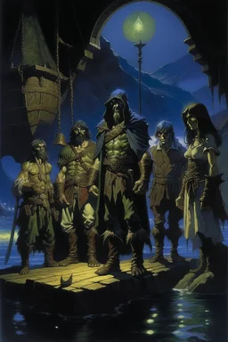 1970's dark fantasy cover dnd style oil painting of group of heros, an elf, a halfling, an gigant ogre, a human and an herbalist in the port at night with minimalist far perspective. Magazine.