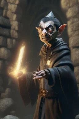 photorealistic, mr bean as robed goblin shaman wielding morning star in dark stone castle, 4 k, trending art, depth of field, volumetric light