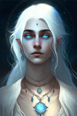 hauntingly beautiful character for dnd, young woman with white hair and blue eyes, angel, with moon necklace