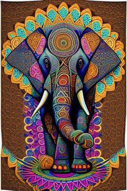 A beautifully woven (((tapestry))), intricate details and patterns representing (((elephant))) in vivid colors, creating a kaleidoscopic tableau