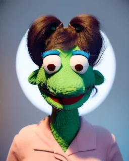 Portrait, hybrid character, waitress woman with monster muppet mask that covers her entire head, retro style, Sesame Street style, smooth, unreal engine 5, god lights, ray tracing, RTX, lumen lighting, ultra detail, volumetric lighting, 3d.