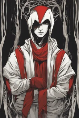 young man wearing red scarf and hood dark fantasy