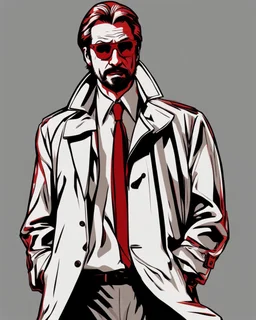 a dsgusted hans gruber wearing a trench coat and red sunglasses