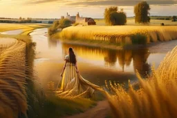 wide angle shot of golden wheat field next to river ,a watermill on river, a beautiful girl in pretty long dress walking in