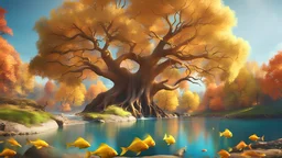 3D tech, Ultra-High-Definition (UHD) cinematic character rendering, Aim for hyper-detailed 8K add large tree with golden leaves. river with colorful fantasy fish. Disney and childrens book style.