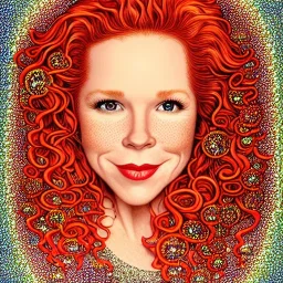 Robyn Lively, her striking perfectly detailed clear eyes, her perfect, precisely detailed lightly freckled face, meticulously detailed long curly multi-hued ginger carrot-colored cherry red fiery hair, luminous colorful sparkles; by james r. eads, gawki, rajewel, tania rivilis, dan mumford, lisa frank, artgerm, greg rutkowski, alphonse mucha and william-adolphe bouguereau; glitter, airbrush, octane render, volumetric lighting, photorealistic digital painting, smooth, sharp focus