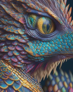 A close-up portrait of an alien creature with an intricate and colorful pattern of scales, feathers, or other unique features.