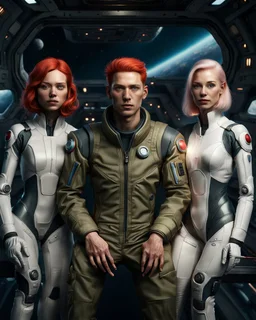 Photorealistic picture of a young man in a flight suit with two tall, slender female androids in biosuits, one with red hair and one with white hair, standing on the bridge of a spaceship.