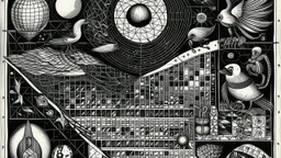 surrealism, drawing, black ink, pen and ink, abstract, geometric shapes, bird, eye, crescent moon, insects, chessboard, playing pieces, numbers, symmetry, intricate lines, minimalistic, monochrome, textured background, vintage, 20th century art, surrealist art, dreamlike, optical illusions