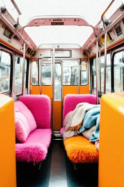 Métro with fluffy seats, orange, pink, hippie, wool, with blankets and cushions