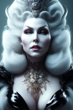 Mae West as evil queen in black leather, leather, busty, cleavage, angry, stern look. character design by cory loftis, fenghua zhong, ryohei hase, ismail inceoglu and ruan jia. unreal engine 5, artistic lighting, highly detailed, photorealistic, fantasy