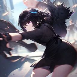 Clear focus,High resolution, Black short fluffy hair, and purple eyes, wearing a black outfit, must wear a short skirt, holding a glowing bow, fighting stance