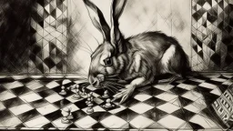 abstract painting, A wild rabbit is wreaking havoc on the chessboard, Charcoal, Ink, conformity, Analogue film photo, 1950s, candid, retro analog, 35mm film, film grain,