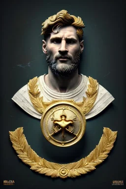 Ultra Realistic image, Roman sculpture, white marble material, Lionel Messi, gold Laurel leaves wreath, renaissance ornaments, radial gold lines, one gold star in heart, radial composition, geometric ornaments, blue marble background, chisel style, waist up portrait, emperor style, epic, celestial, cinematic lighting, God light, god rays, 4k resolution, smooth details, ornate details, soft lighting, unreal engine 5, art station, substance 3d.