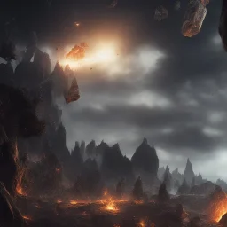 Distant epic scenary. Heavy rain. Epic Lighting in the night sky. Knight with magic scroll in hand. Falling meteorite in the sky. Fireball. Meteorite burning in the distance. Dark, black mud.