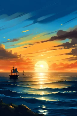 I want an image depicting a seascape with a sunset, a blue sky, and ships visible along the seaside.