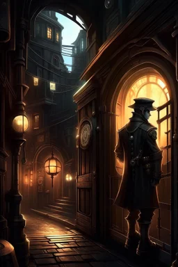 man in dark clothing, hiding around a corner., looking out on a brightly lit steampunk street