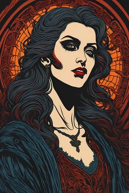 museum quality color woodcut of a dystopian female vagabond vampire with highly detailed hair and facial features , in the style of Gustave Baumann, with a fine art aesthetic, highly detailed, finely cut ,8k render,